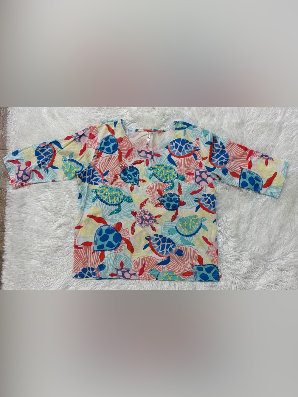 Lulu-B top Sea Turtle Blue, Teal, Red, Yellow